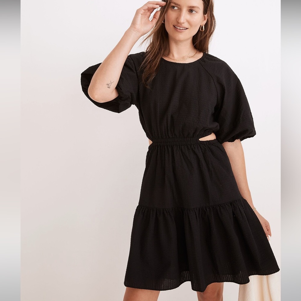 Madewell seersucker puff sleeved cutout mini dress